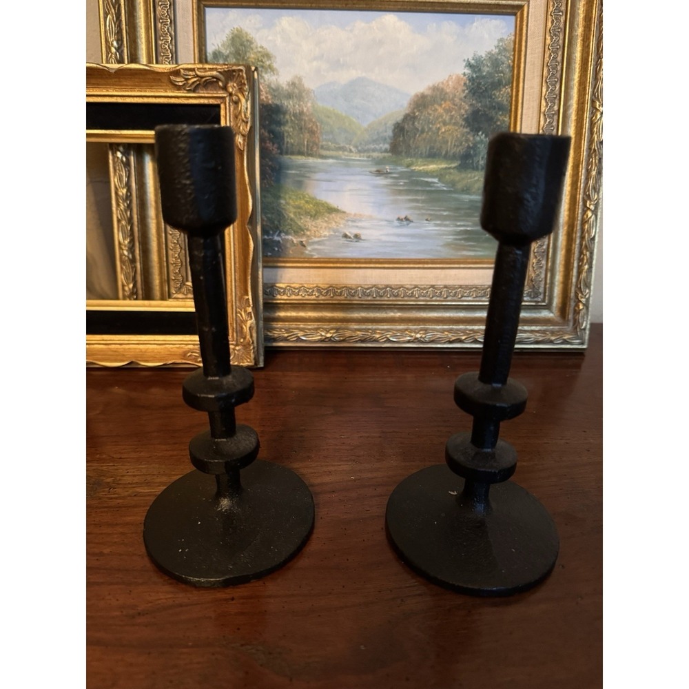 Pair‎ Black Cast Iron Taper Candle Holders Brutalist Style Modernist 7" Heavy